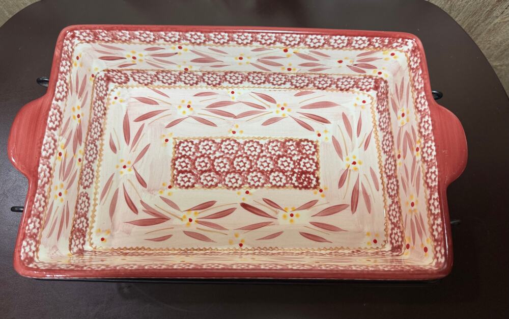 Temptations By Tara Old World Red 2.5 Quart Rectangle Baking Dish Rack Trivet